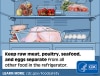 Inside a refrigerator with individually stored food. For a safe plate, don't cross-contaminate. Keep raw meat, poultry, seafood, and eggs separate from all other food in the refrigerator. Learn more: cdc.gov/foodsafety. CDC seal.